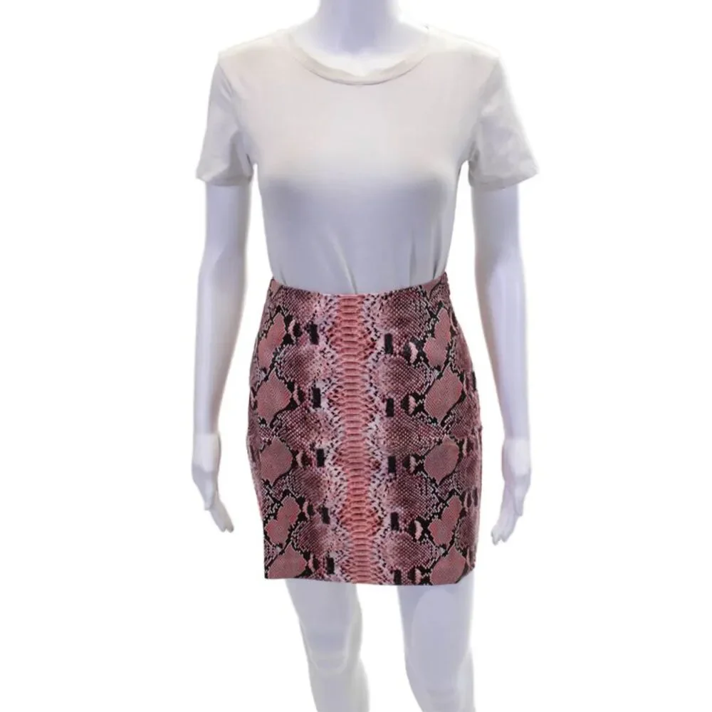 Endless Rose Womens Vegan Leather Animal Print Zip Up Mini Skirt Pink Size XS